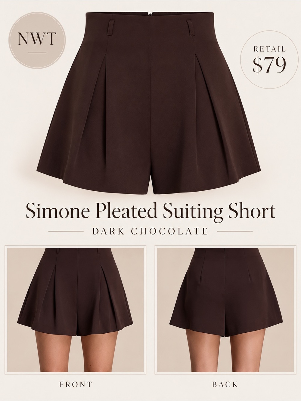 NWT Simone Pleated Suiting Shorts Dark Chocolate